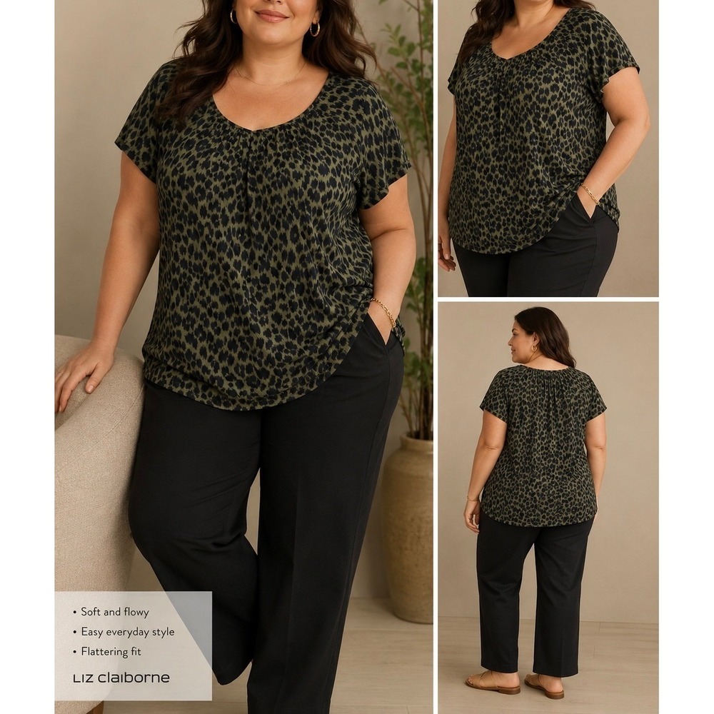 Liz Claiborne Career Womens XXL Leopard Print Scoop Neck Pleated Blouse Olive
